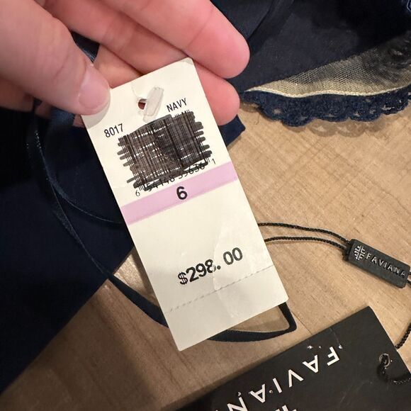 Faviana Women's Lace Shoulder Gown Size 6 Navy‎ Blue Thigh Slit High Neck - Picture 11 of 12